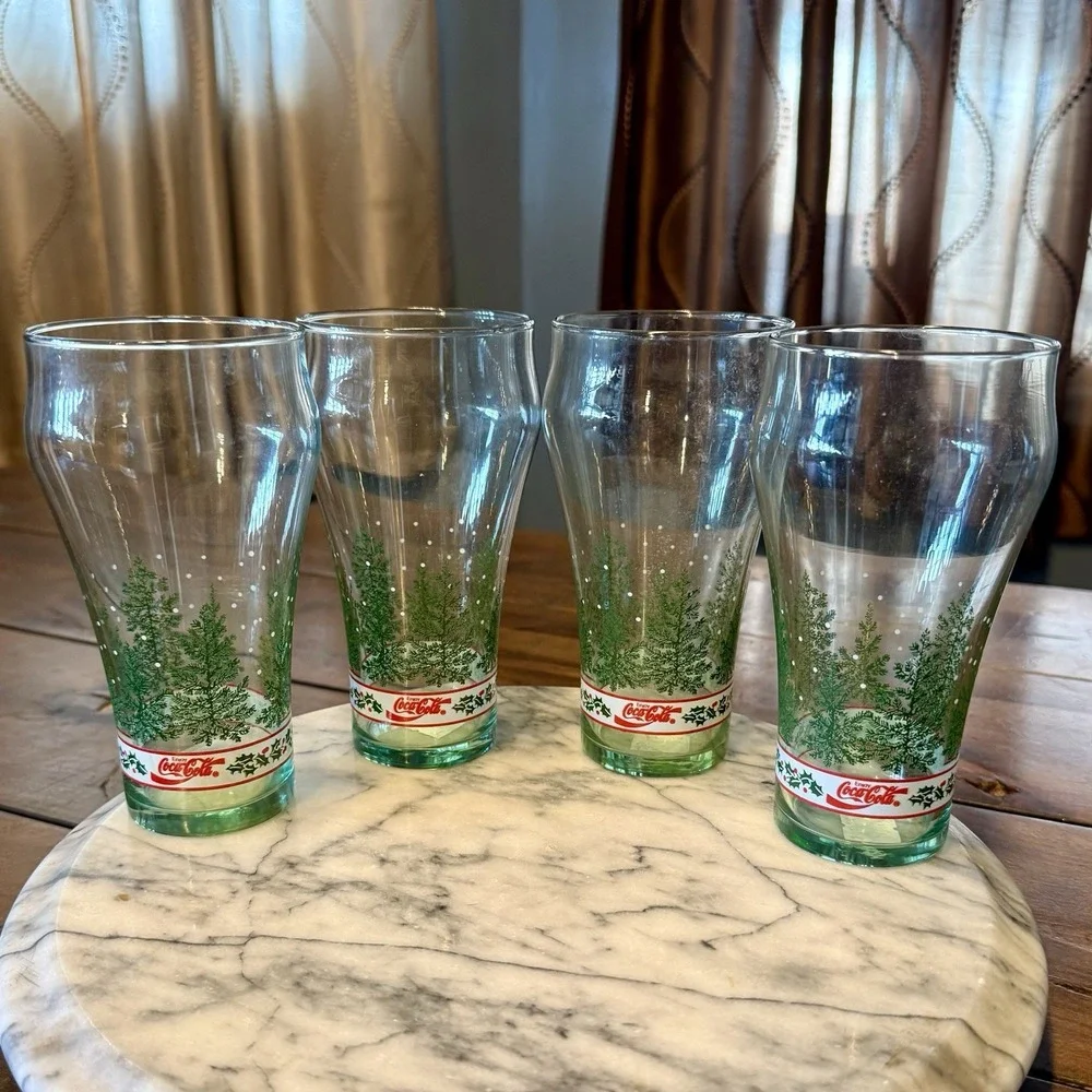 4pc VTG 90s Libbey Coca Cola Coke‎ Christmas Tree Holly Glasses 16oz Tumblers